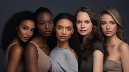 Obraz premium Five diverse multiethnic young women standing close together in a studio setting, showcasing natural beauty and inclusivity.