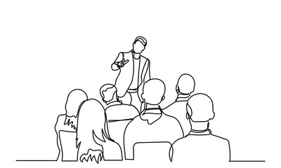 One continuous line drawing of the Audience in the conference hall. The public speaker talks and gives instructions in the conference hall. The public speaker in lectures, in front of the audience.