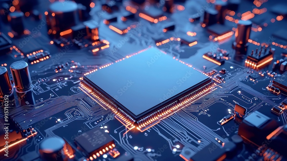 Poster ai processor chip circuit board, a sleek blue tech backdrop designed for web banners or posters, fea