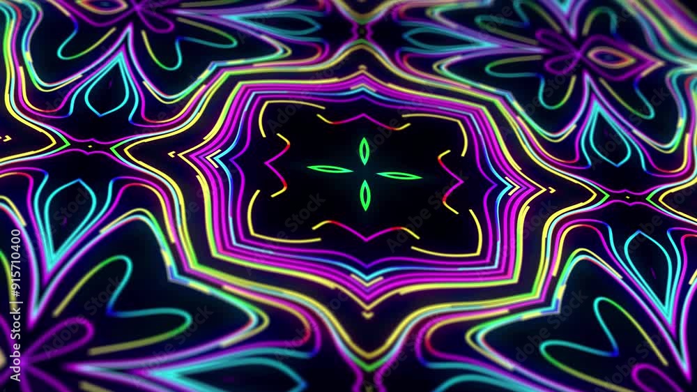 Poster 4k abstract looped bg with grows rainbow colors lines pattern like symmetrical radial ornament on pl