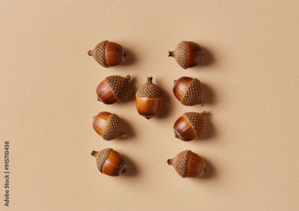 Aufkleber acorns arranged in a symmetrical pattern on a soft beige background, showcasing their natural textur