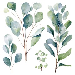 Watercolor illustration of four eucalyptus branches with green leaves isolated on white background.