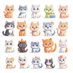 Fototapeta premium A colorful collection of cute and playful cartoon cats in various breeds and poses, perfect for cat lovers and illustrations.