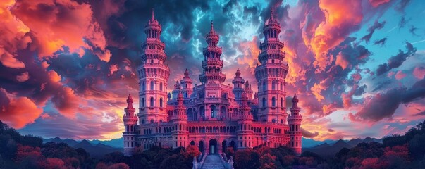Fototapeta premium A majestic fantasy castle rises against a vivid twilight sky