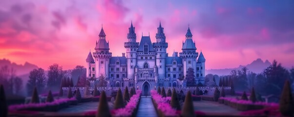 Fototapeta premium A majestic fantasy castle rises against a vivid twilight sky