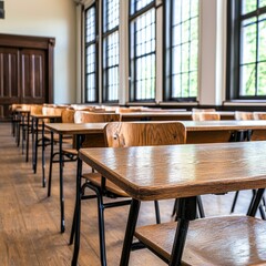 A spacious classroom featuring wooden desks and large windows, creating a bright and inviting learning environment.