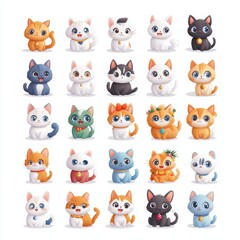Cute cartoon cats in various colors, featuring playful expressions and distinct patterns, perfect for children's artwork or merchandise.