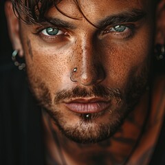 Obraz premium A close-up portrait of a man with a lip piercing, highlighting his strong features and subtle smile. The lighting creates contrasting shadows that accentuate the small diamond lip stud.