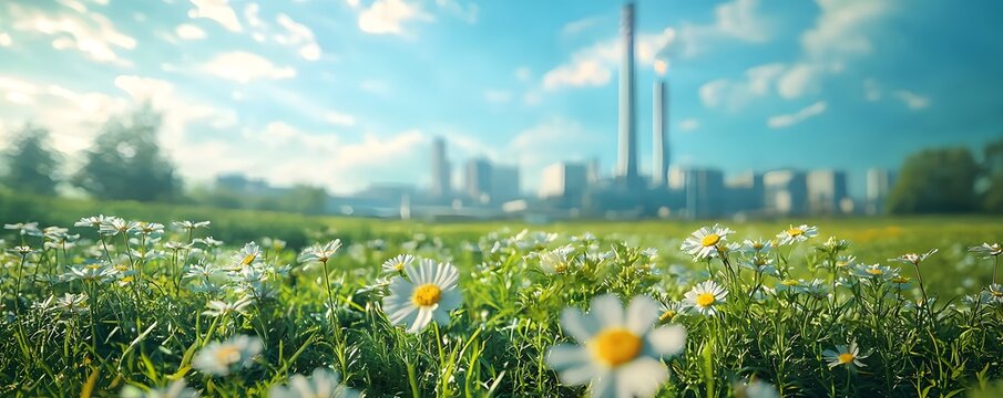 Delight in a field of vibrant white daisies basking under the sun, with a distant industrial power plant juxtaposed against a clear blue sky, highlighting the balance between nature and technology.