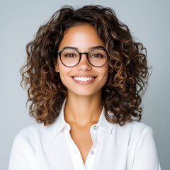 Obraz premium A cheerful woman with curly hair and glasses, dressed in a white shirt, showcasing confidence and professionalism.