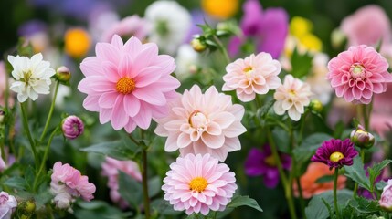 A vibrant collection of colorful flowers in bloom, showcasing various shapes and shades in a beautiful garden setting.