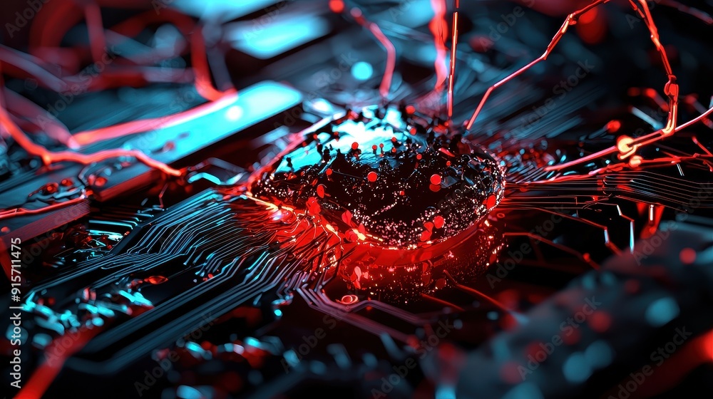 Poster abstract digital network with vibrant red and blue illuminations, featuring intricate connections an