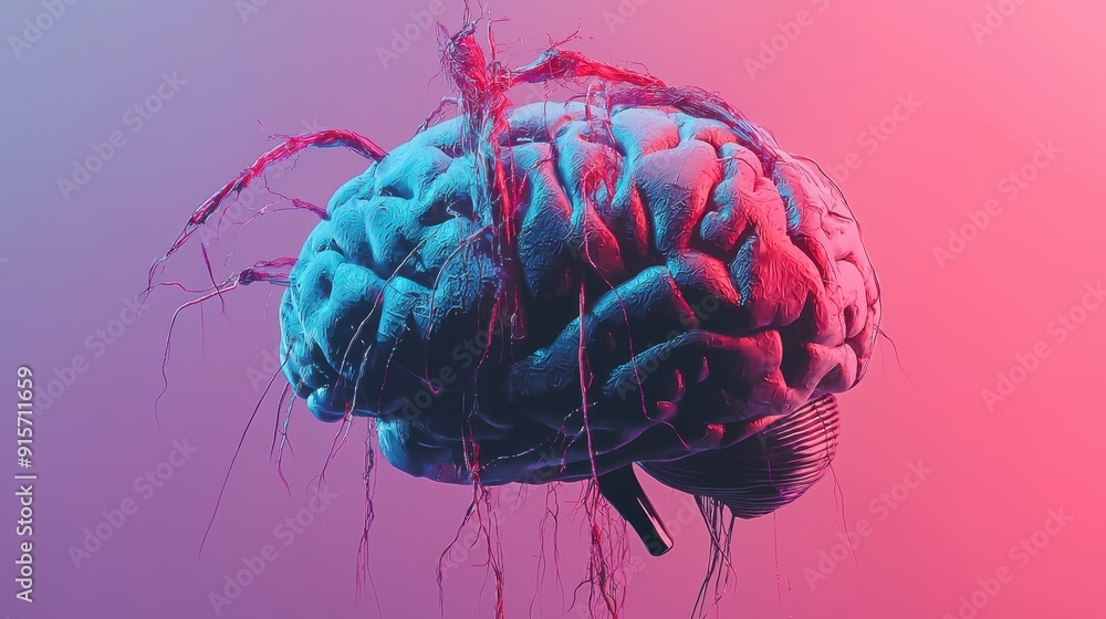 Poster vibrant neural network, a striking blue brain enveloped by dynamic red and purple lines, set against