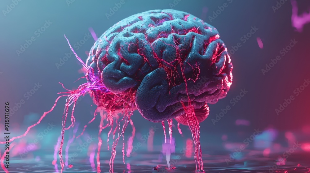 Poster vivid blue brain with dynamic red and purple lines, an imaginative representation of neural connecti