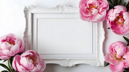 A frame with pink blossom flowers on a clear white background, mockup