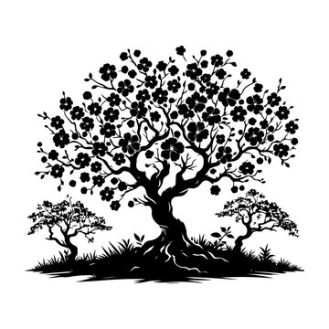 recommend clip art: Cherry Blossom Tree, vector black color silhouette, isolated white background
