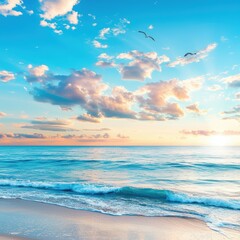 Obraz premium A serene beach scene at sunset, featuring gentle waves, colorful clouds, and a vibrant sky, ideal for relaxation and inspiration.