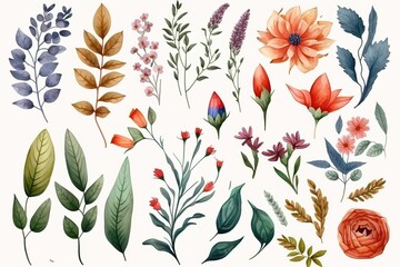 Watercolor botanical elements for floral designs.