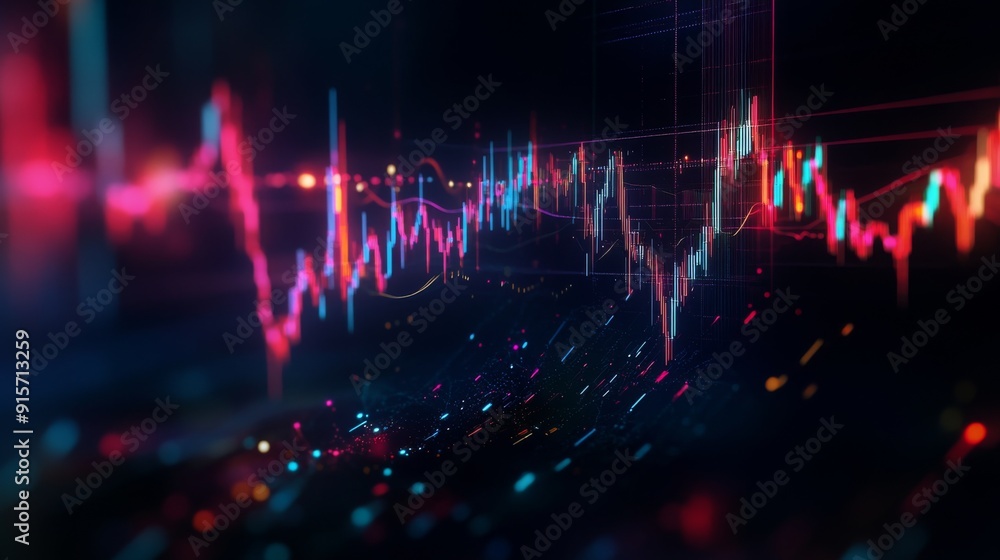 Poster a dynamic stock chart with vibrant lines and candlestick patterns on a dark background, illustrating