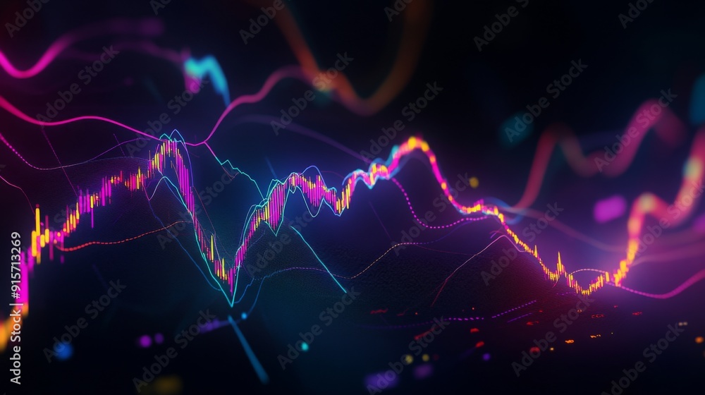Poster a dynamic stock chart with vibrant lines and candlestick patterns on a dark background, illustrating