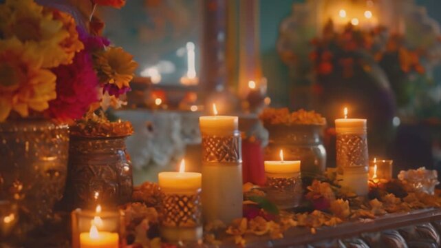 A beautifully decorated Hispanic altar with candles, flowers, and traditional items