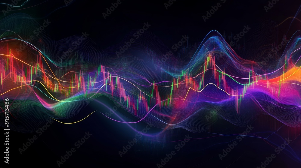 Poster a dynamic stock chart with vibrant lines and candlestick patterns on a dark background, illustrating