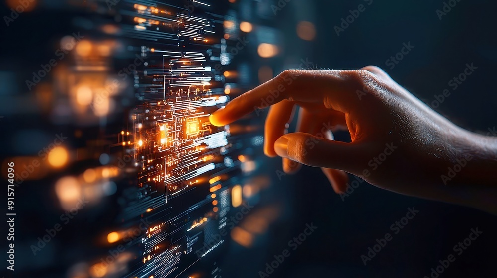 Poster woman's hand interacting with a digital neural network, symbolizing the fusion of artificial intelli