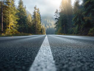 Fototapeta premium A Wet Asphalt Road Through a Forest in the Morning