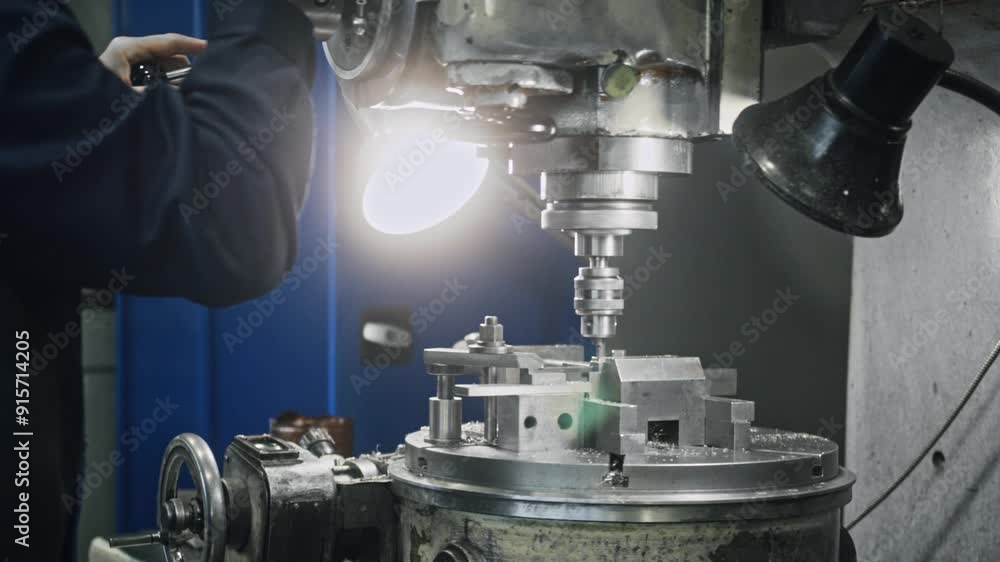 Poster operator using a milling machine to shape metal workpiece in industrial workshop, showcasing intrica
