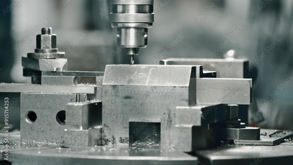Poster precision cnc machining process in an industrial workshop, showcasing metalworking and engineering e