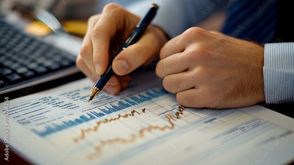 Poster a financial analyst making notes while studying a printed stock chart, indicating thorough market re