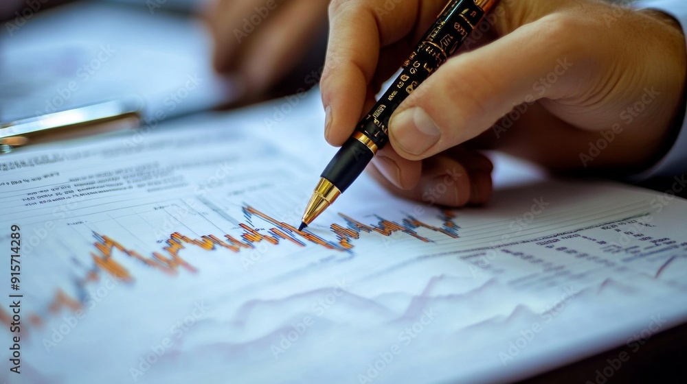 Poster a financial analyst making notes while studying a printed stock chart, indicating thorough market re