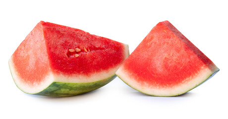 Front view of red watermelon slices or quarters in stack isolated on white background with clipping path