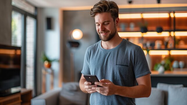 A smiling man in a casual t-shirt reads a message on his phone in a stylish, cozy apartment.