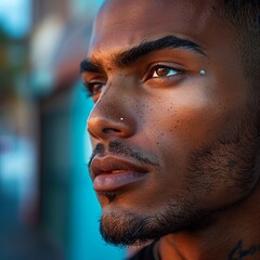 A detailed close-up of a man with an eyebrow piercing, framed by short, neatly styled hair. Soft lighting illuminates his features, drawing attention to the elegant eyebrow stud
