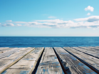 Fototapeta premium Wooden Deck Overlooking a Blue Ocean and Sky