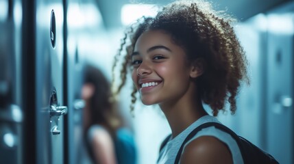 A smiling student with curly hair standing by school lockers in the hallway during the morning
