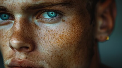 Obraz premium A detailed close-up of a man with an eyebrow piercing, framed by short, neatly styled hair. Soft lighting illuminates his features, drawing attention to the elegant eyebrow stud