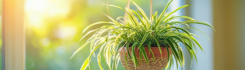 Fototapeta premium Lush Spider Plant Hanging in Sunlit Room with Copy Space for Text, Home Interior Greenery Decor Concept