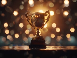 Golden Trophy with Blurred Lights and Bokeh Effect