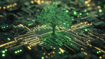 Obraz premium close-up shot of a circuit board with a digital tree growing from the center, glowing with bright green lines and circuits, high detail
