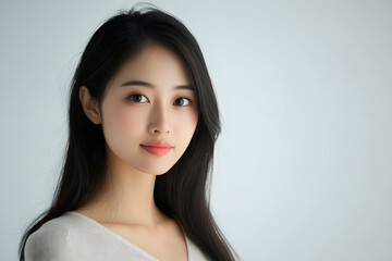 Beautiful young asian woman with clean fresh skin on white background. Face care, Facial treatment concept