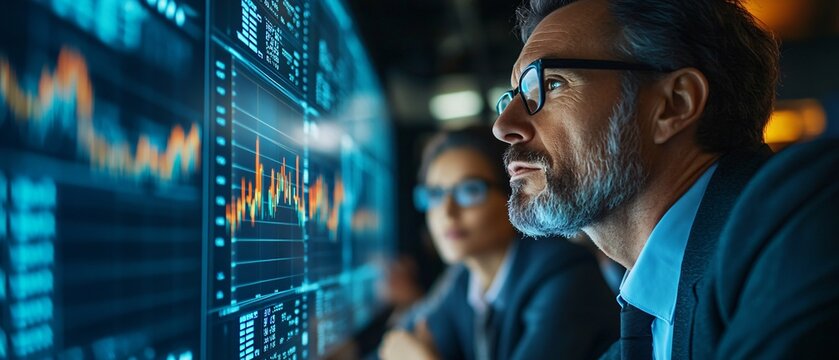 Diverse Financial Experts Engaged in Dynamic Discussion on Economic Growth Projections with Transparent Screens Showing GDP Statistics and National Income Data