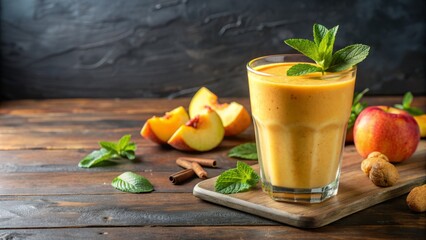Freshly blended orange smoothie with peaches and ginger, garnished with a sprig of fresh mint, served in a chilled glass with plenty of copy space.