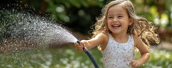 Happy child girl running through the backyard, spraying water with a garden hose, laughter and joy filling the air, playing with garden hose, carefree and lively