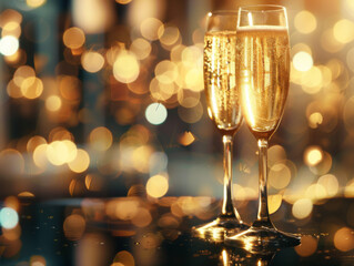Two Champagne Flutes Against a Bokeh Background