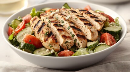Bowl of Greek salad with grilled chicken and a light vinaigrette nutrient dense high protein lunch