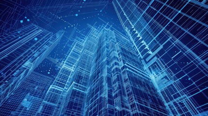 Fototapeta premium The digital blueprint of a futuristic skyscraper, with its detailed architectural and construction elements, embodies the concepts of innovation, design, and the evolution of urban development.