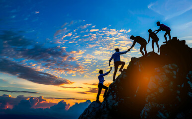 Silhouette of team work together and help each other to reach the top with board, working concept, sunset sky background