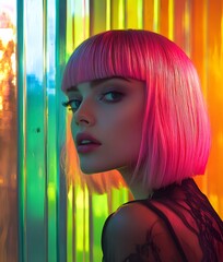 Neon Portrait of Woman with Pink Hair